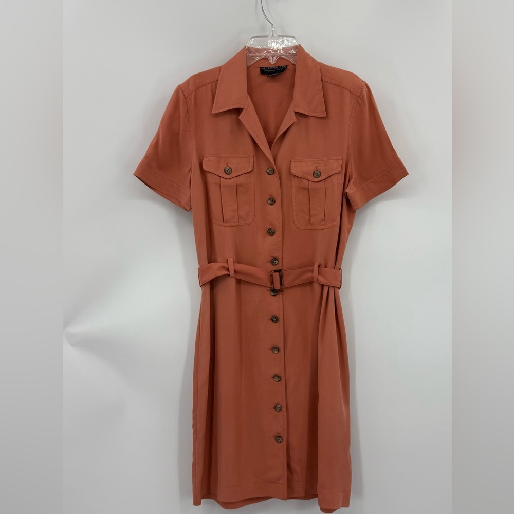 Orange Midi Shirt Dress 100% Silk with Notched Collar & Belt